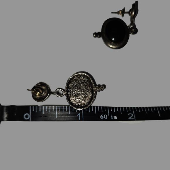 Vintage Black Oval Cabochon Drop Earrings Silver Tone Boho Dangle Studs - Picture 4 of 4